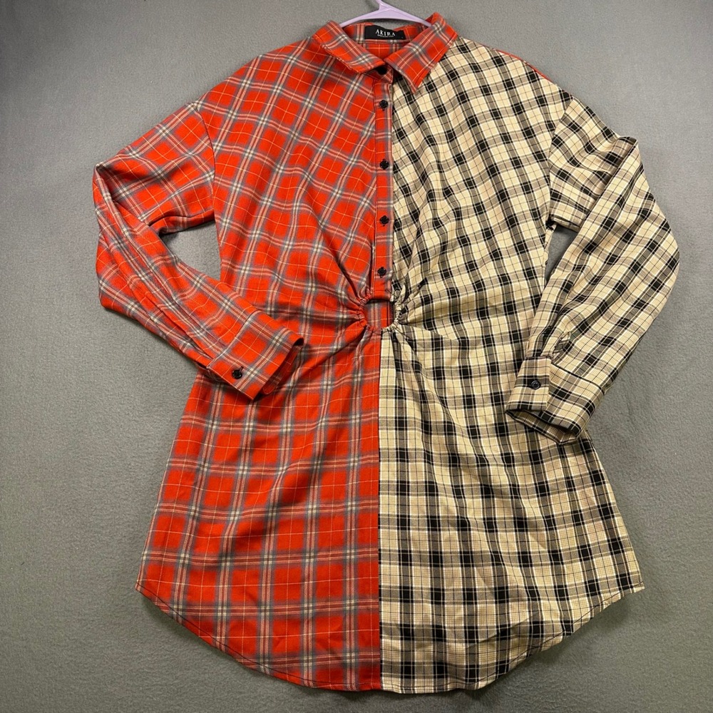 Akira Plaid Colorblock O-Ring Cutout Shirt Dress Red Tan Large 2021JYWF0323